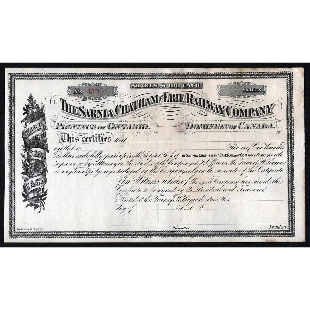 The Sarnia, Chatham and Erie Railway Company Stock Certificate