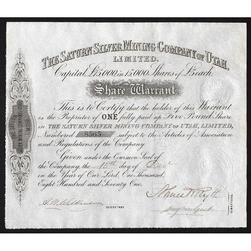 The Saturn Silver Mining Company of Utah, Limited Stock Certificate