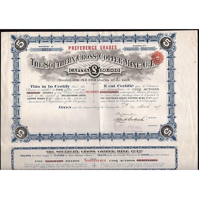 The Southern Cross Copper Mine Co. Ltd. Stock Certificate