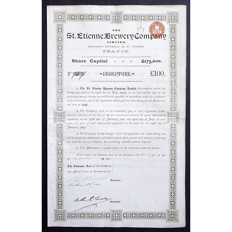 The St. Etienne Brewery Company Limited (Brasserie Nationale de St. Etienne) France Stock Certificate