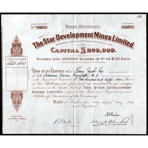 The Star Development Mines Limited Stock Certificate