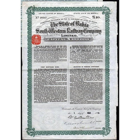 The State of Bahia South Western Railway Company, Limited Stock Certificate