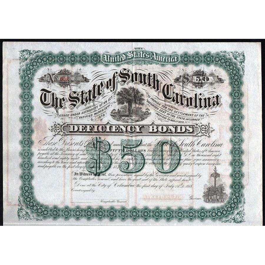 The State of South Carolina, Deficiency Bond Stock Certificate