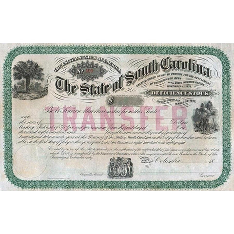 The State of South Carolina Deficiency Stock Stock Certificate