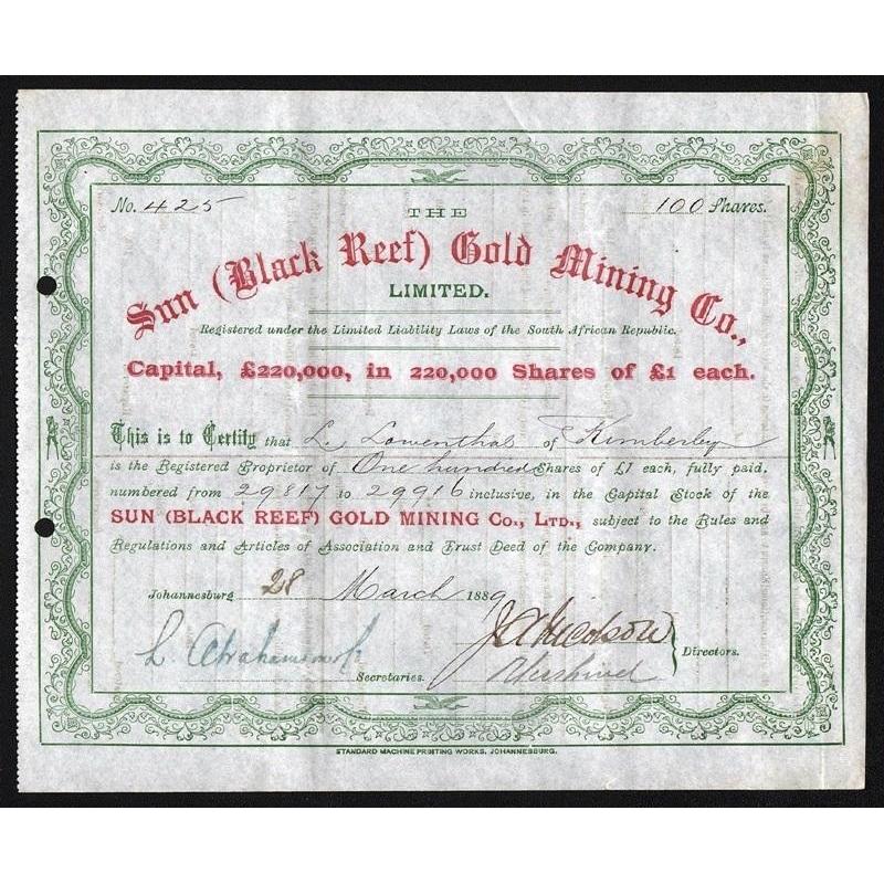 The Sun (Black Reef) Gold Mining Co., Limited Stock Certificate