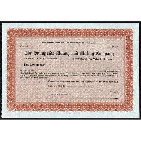 The Sunnyside Mining and Milling Company Stock Certificate