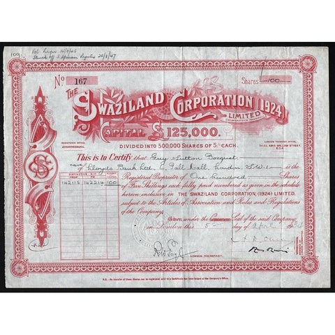 The Swaziland Corporation (1924) Stock Certificate
