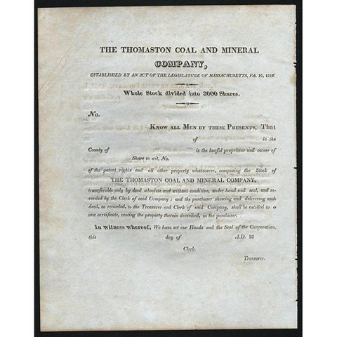 The Thomaston Coal and Mineral Company Stock Certificate