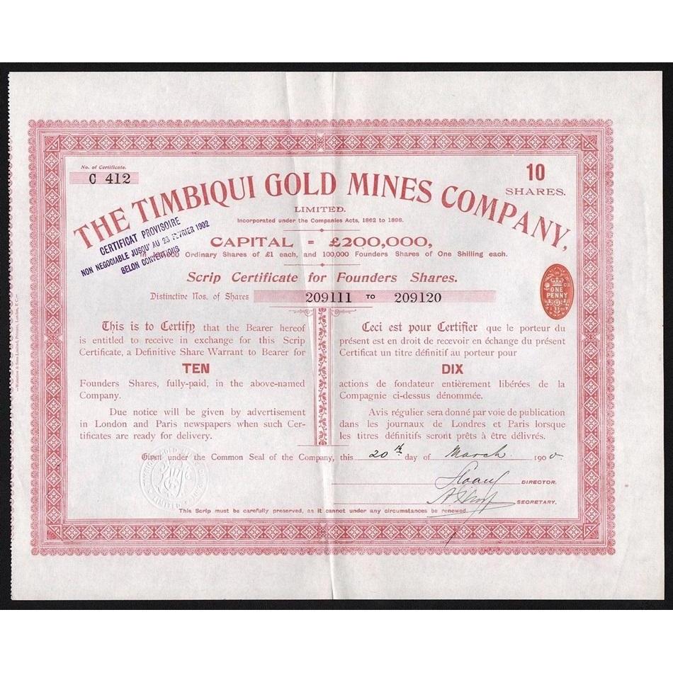 The Timbiqui Gold Mines Company, Limited Stock Certificate