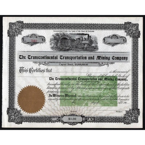 The Transcontinental Transportation and Mining Company Stock Certificate