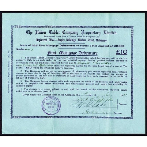 The Union Tablet Company Proprietary Limited Stock Certificate