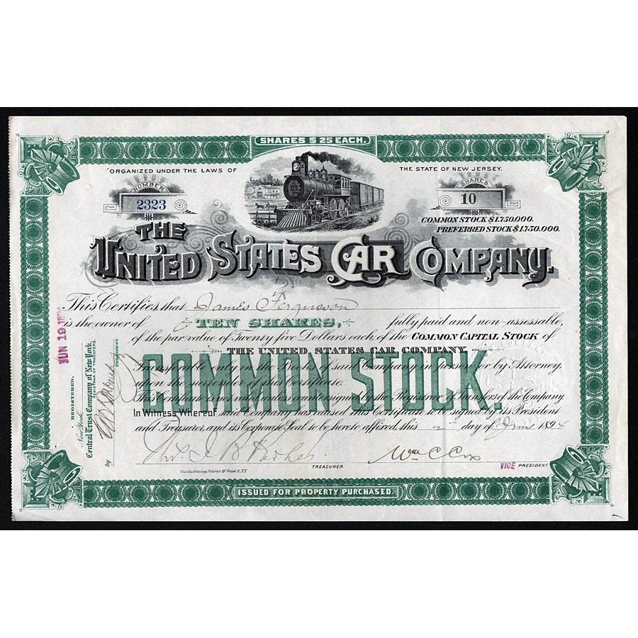 The United States Car Company Stock Certificate