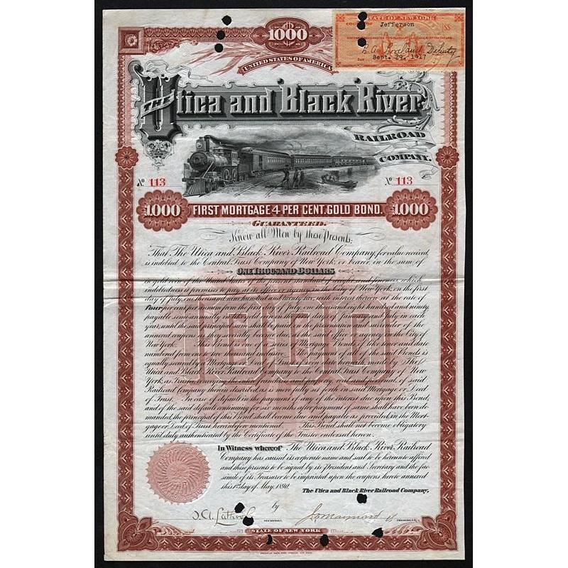 The Utica and Black River Railroad Company Stock Certificate