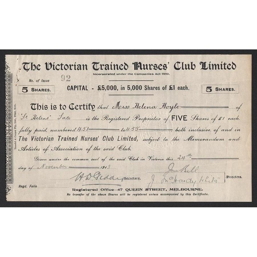 The Victorian Trained Nurses' Club Limited Stock Certificate