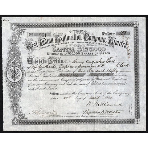 The West Indian Exploration Company, Limited Stock Certificate