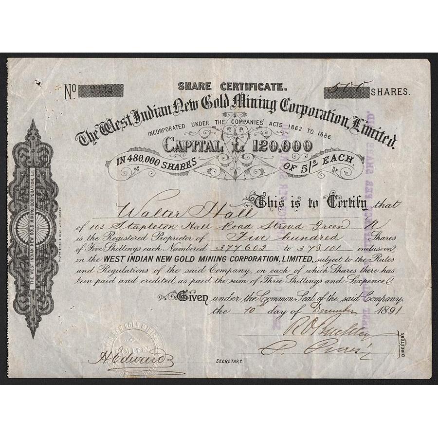 The West Indian New Gold Mining Corporation, Limited Stock Certificate
