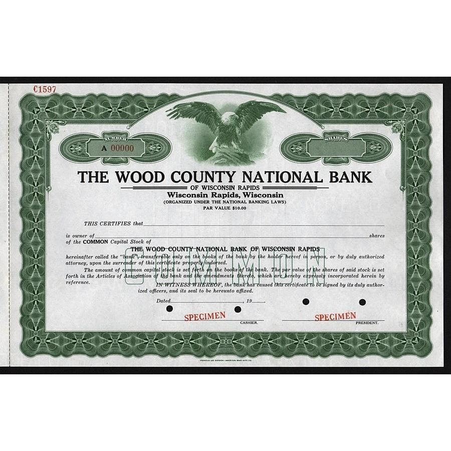 The Wood County National Bank of Wisconsin Rapids - Specimen Stock Certificate