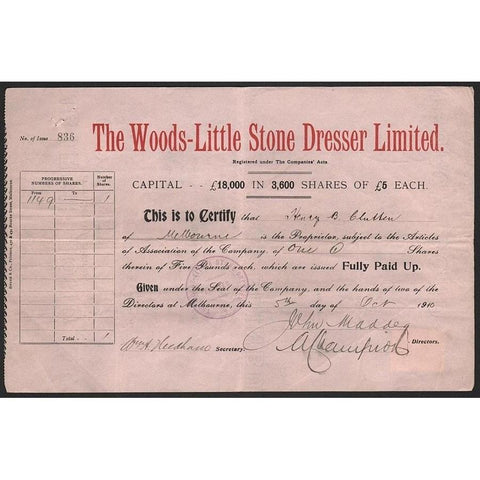 The Woods-Little Stone Dresser Limited Stock Certificate