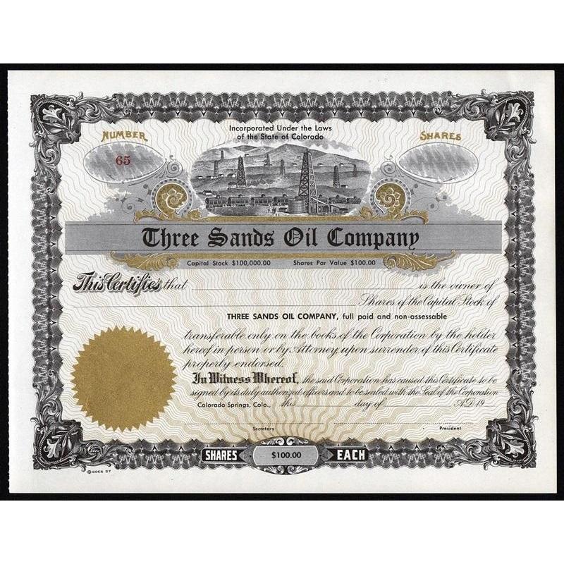 Three Sand Oil Company Stock Certificate