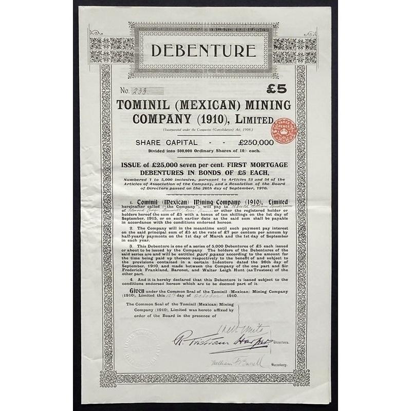Tominil (Mexican) Mining Company (1910), Limited Stock Certificate