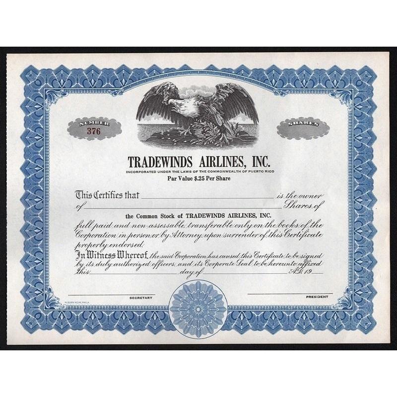 Tradewinds Airlines, Inc. (Puerto Rico) Stock Certificate