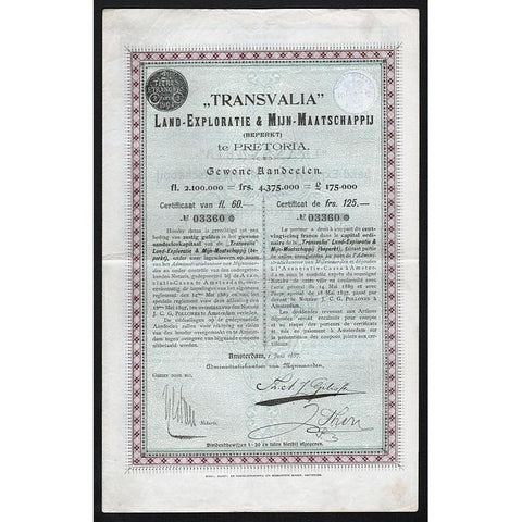"Transvalia" Land-Exploratie & Mijn-Maatschappij te Pretoria Stock Certificate