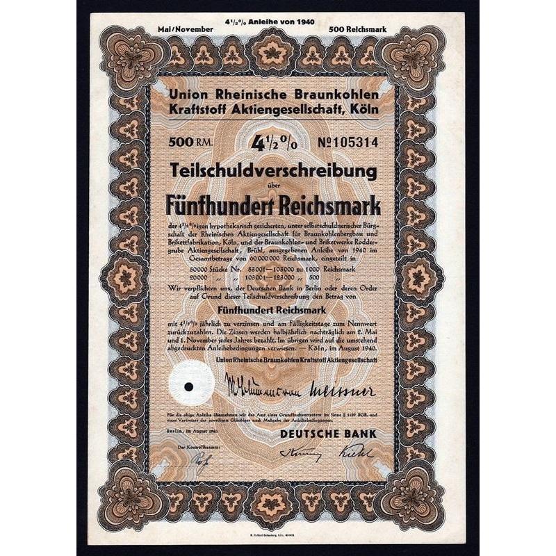 Union Rheinische Braunkohlen Kraftstoff Aktiengesellschaft, Köln Stock Certificate