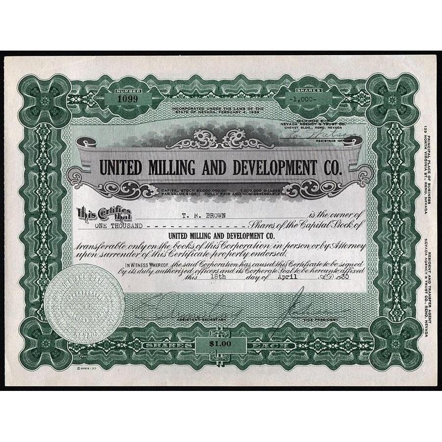 United Milling and Development Co. Stock Certificate