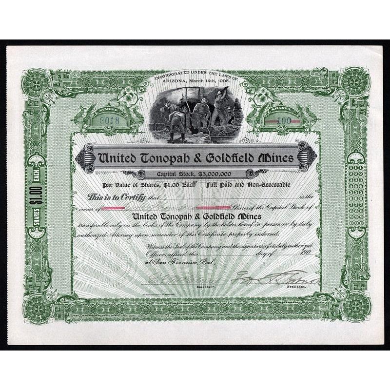 United Tonopah & Goldfield Mines Stock Certificate