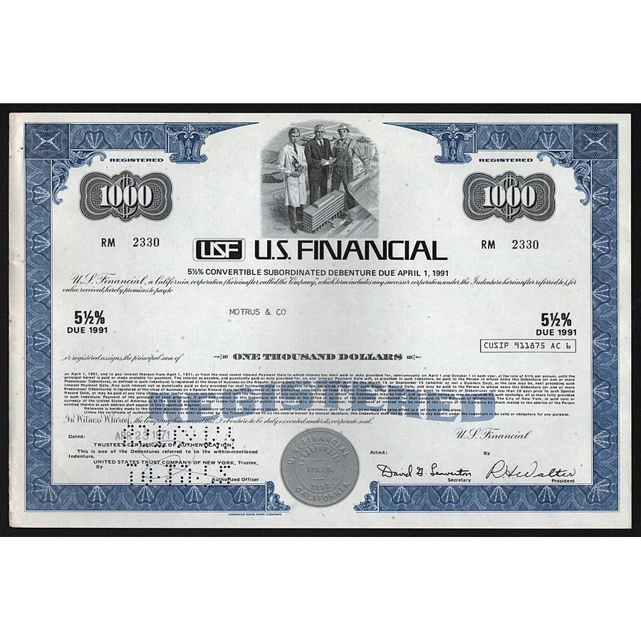 USF, U.S. Financial Stock Certificate
