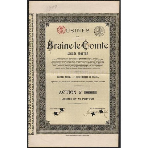 Usines de Braine-le-Comte Societe Anonyme Stock Certificate