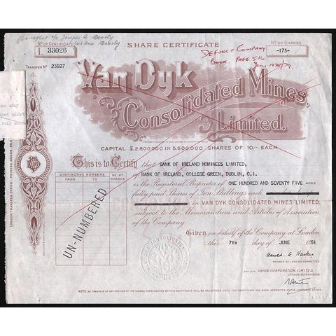 Van Dyk Consolidated Mines, Limited Stock Certificate