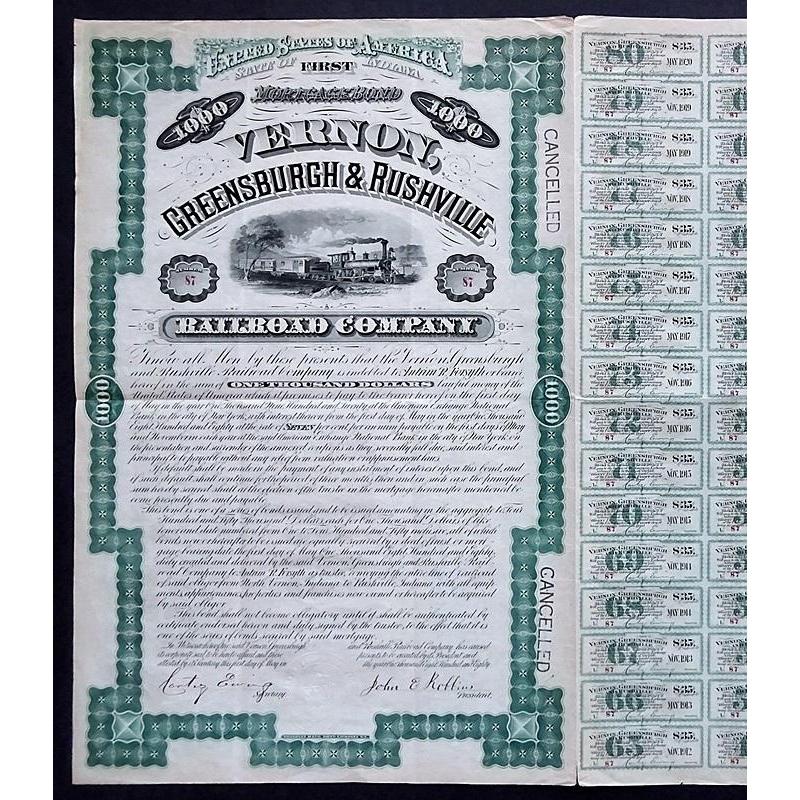 Vernon, Greensburgh & Rushville Railroad Company Stock Certificate