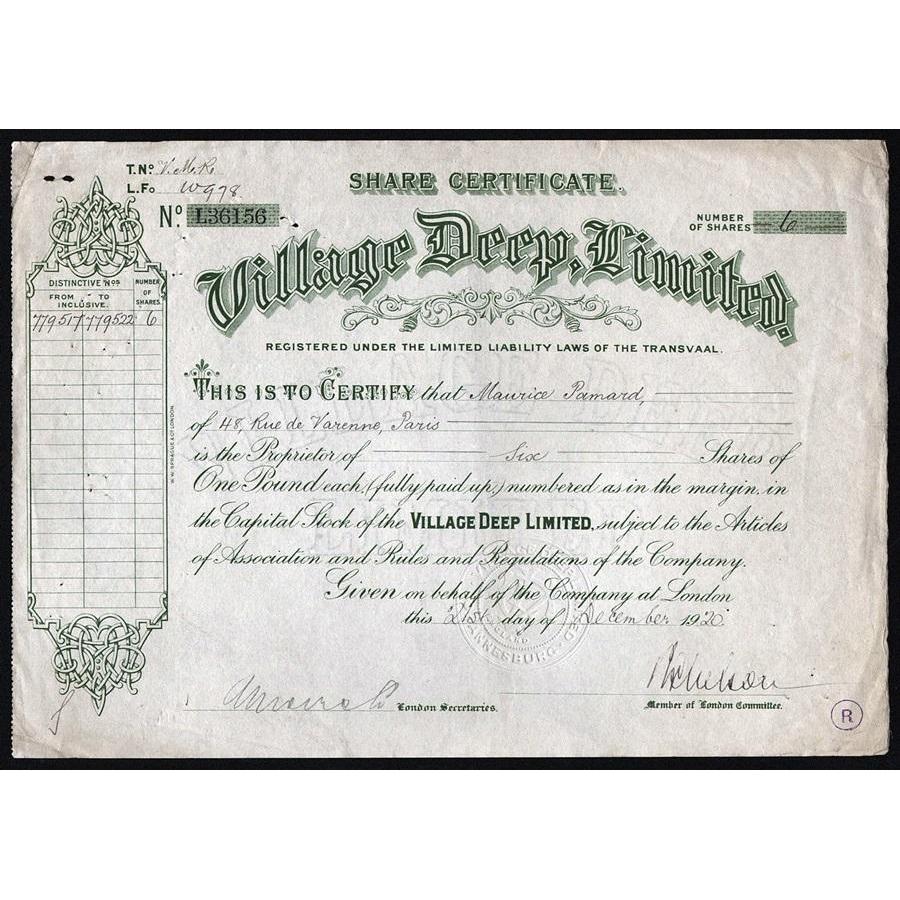 Village Deep, Limited Stock Certificate