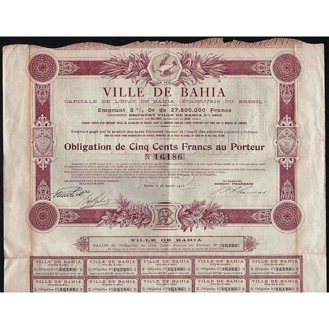 Ville de Bahia, Capitale de l'Etat de Bahia (Gold Bond) Stock Certificate