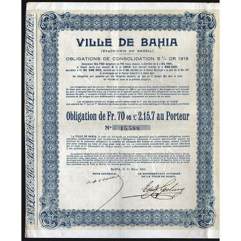 Ville de Bahia (Etats-Unis du Bresil) - Gold Bond with Treasury Bill Stock Certificate