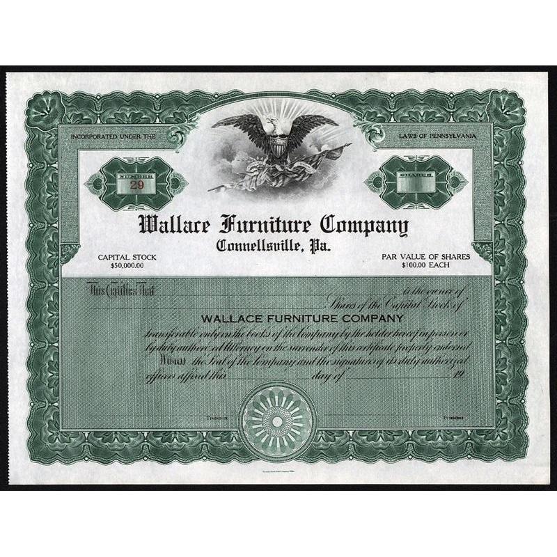 Wallace Furniture Company, Connellsville, Pa. Stock Certificate