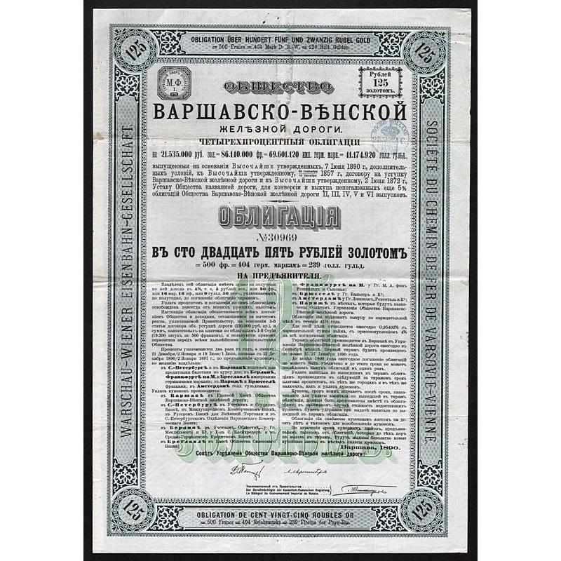 Warsaw-Vienna Railroad Company, 125 Gold Roubles Stock Certificate