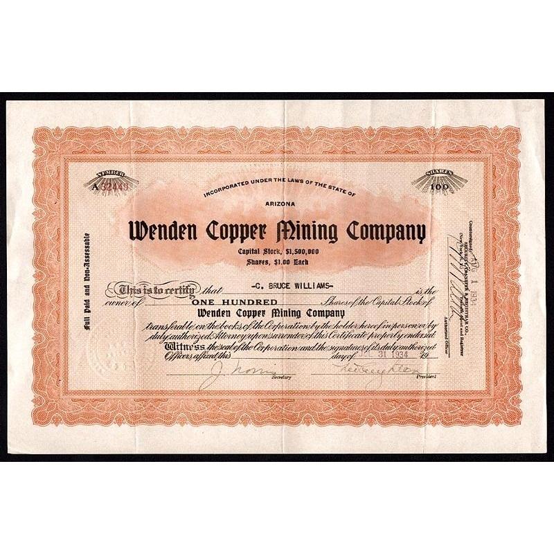 Wenden Copper Mining Company Stock Certificate