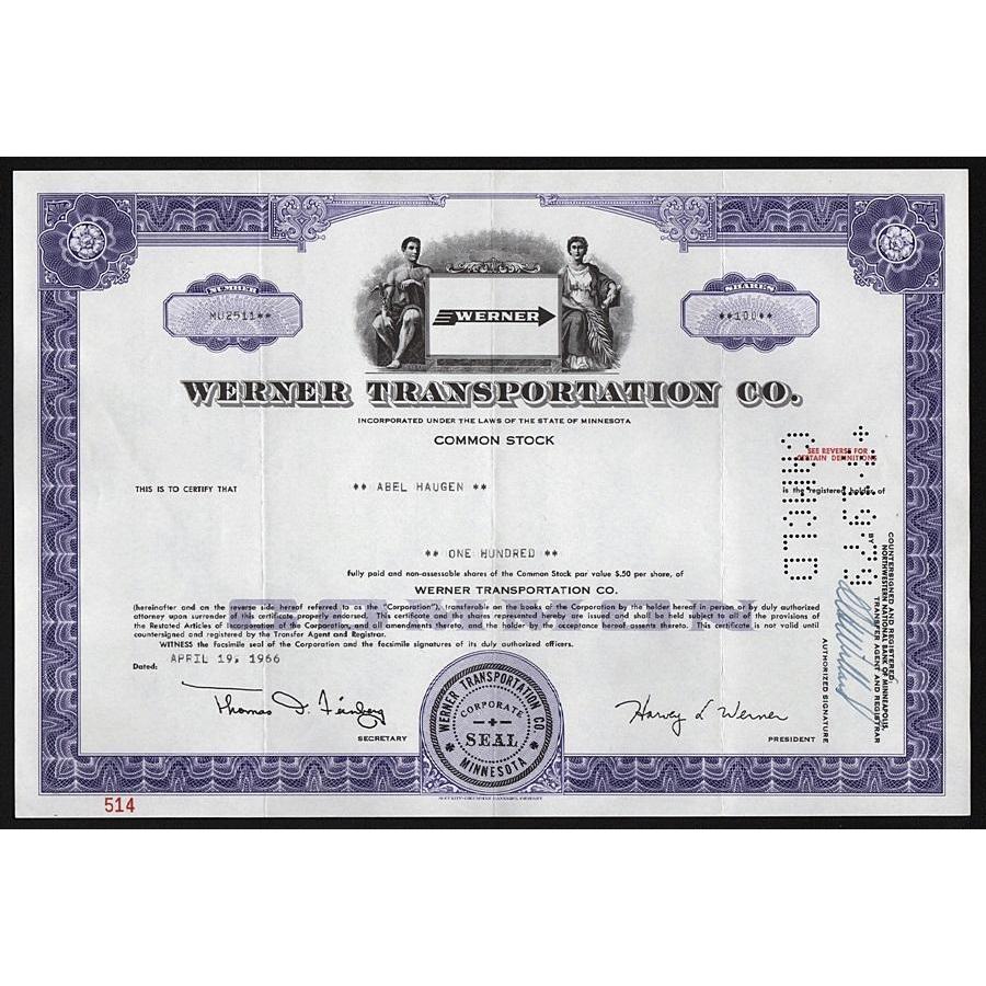 Werner Transportation Co. Stock Certificate