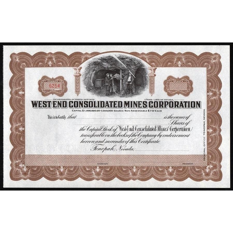 West End Consolidated Mines Corporation Stock Certificate