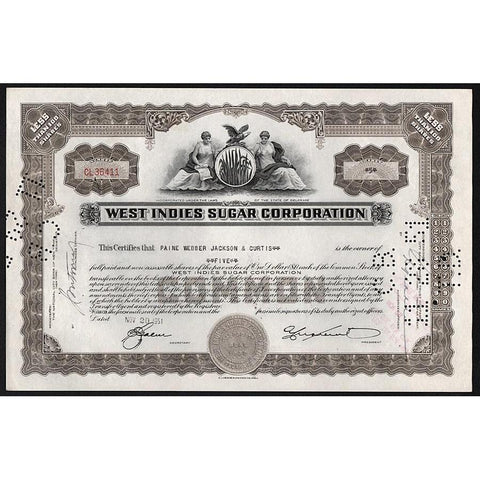 West Indies Sugar Corporation Stock Certificate