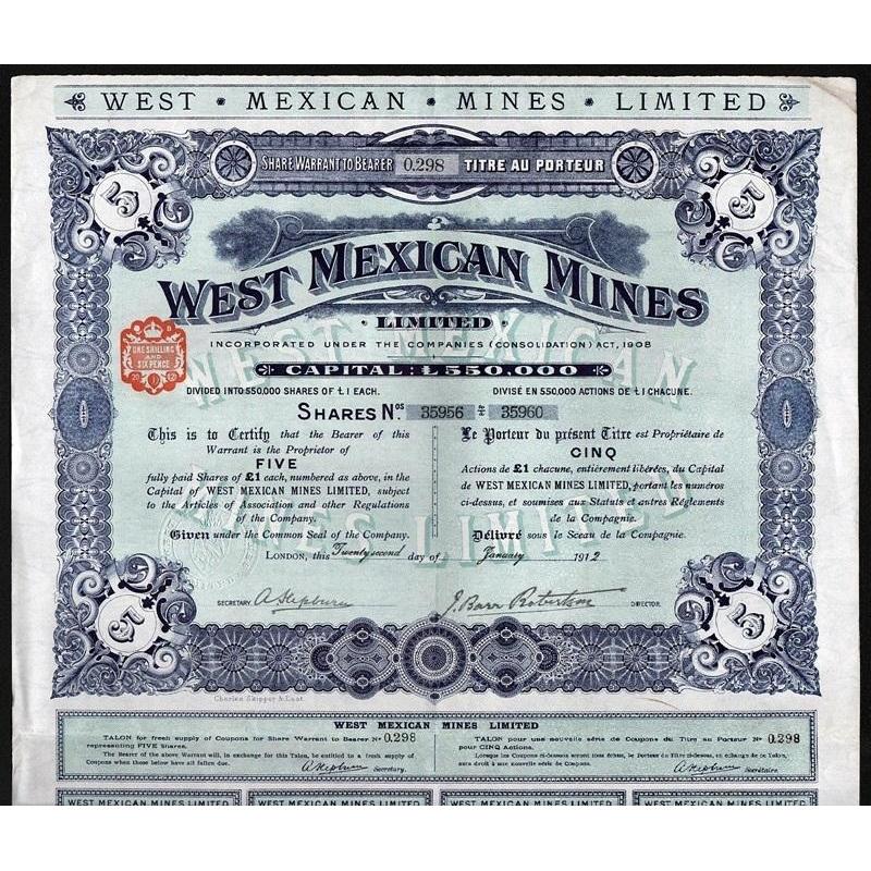 West Mexican Mines Limited Stock Certificate