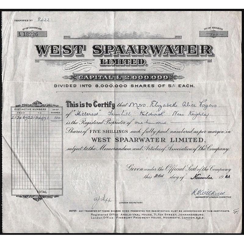 West Spaarwater Limited Stock Certificate