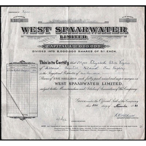 West Spaarwater Limited Stock Certificate