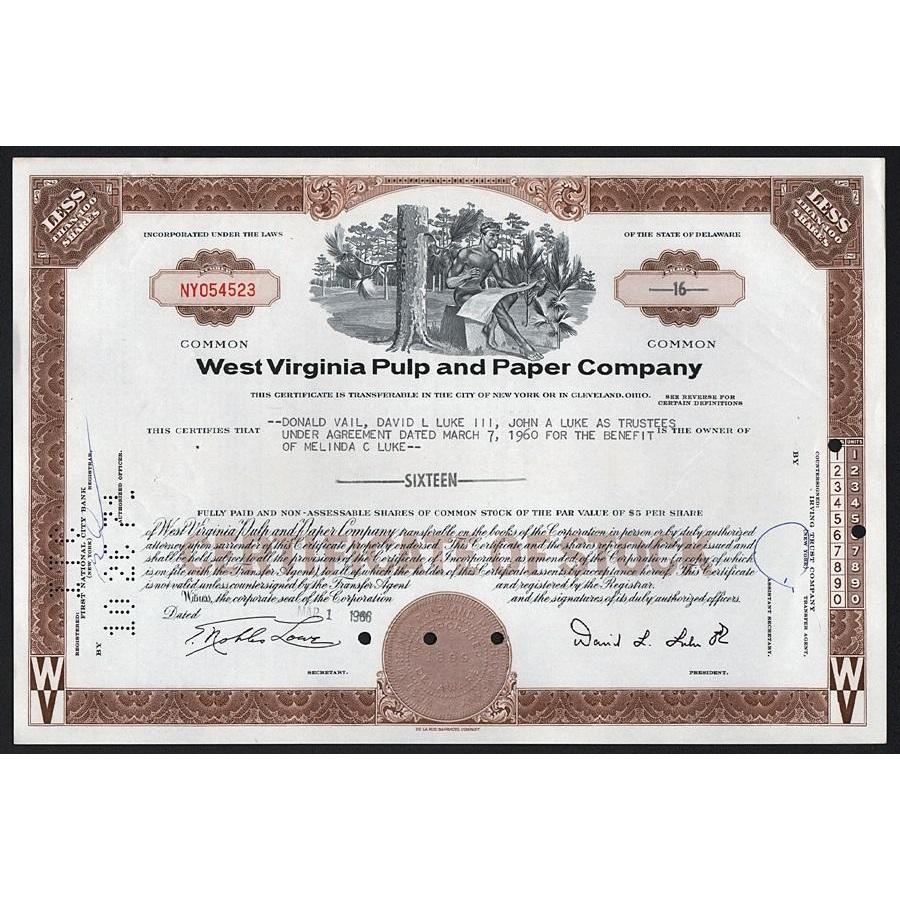 West Virginia Pulp and Paper Company Stock Certificate