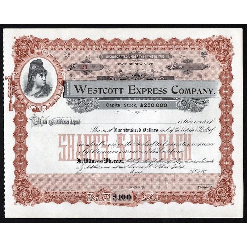 Westcott Express Company (bought out by American Express) Stock Certificate