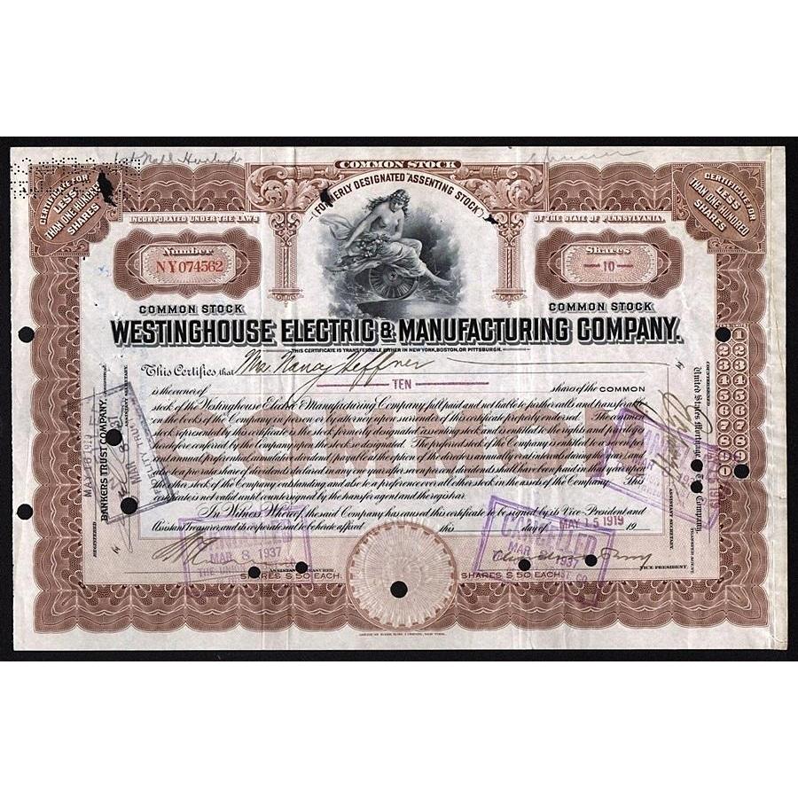 Westinghouse Electric & Manufacturing Company Stock Certificate